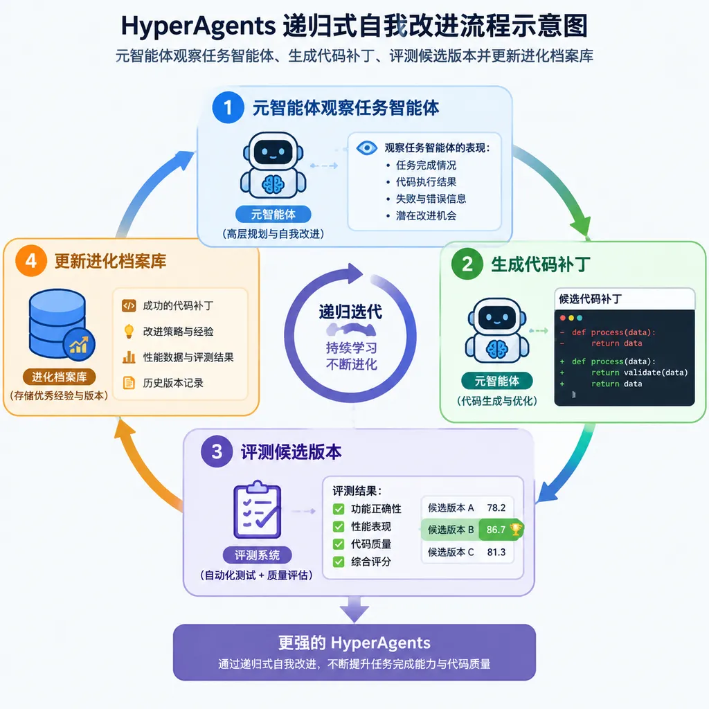 HyperAgents递归式自我改进流程示意图:元智能体观察任务智能体、生成代码补丁、评测候选版本并更新进化档案库
