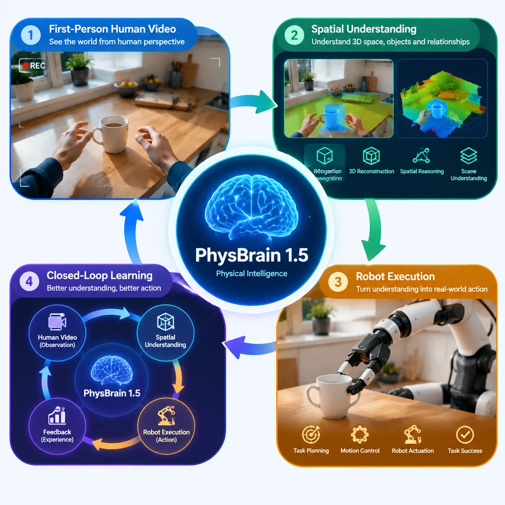 PhysBrain 1.5从第一视角人类视频、空间理解到机器人执行的物理智能闭环示意图