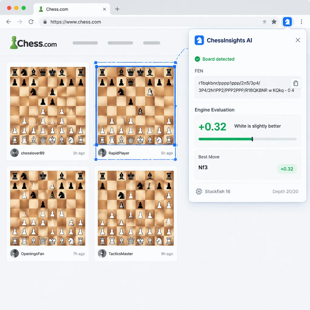 ChessInsights AI 浏览器扩展示意图:浏览器页面中同时出现多个棋盘,用户框选其中一个棋盘后显示 FEN 和引擎评估
