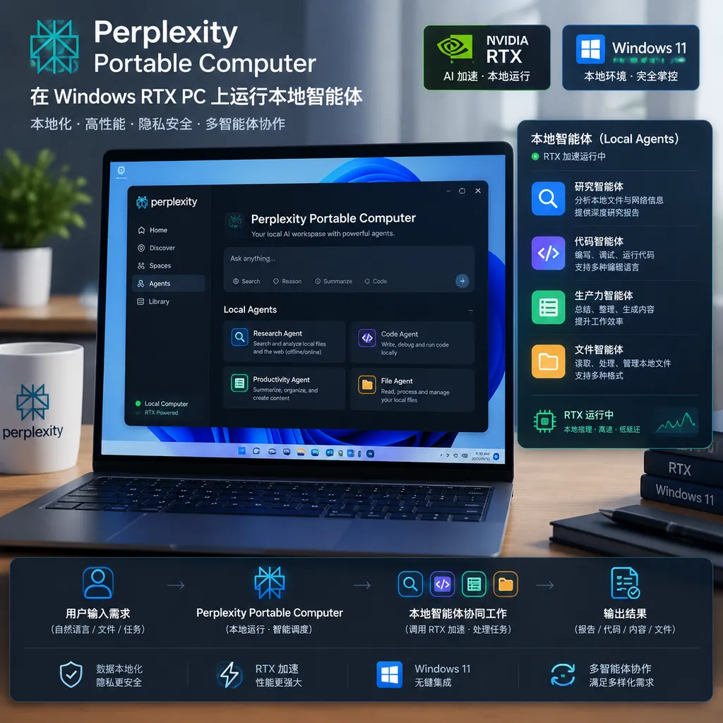 Illustration of Perplexity Portable Computer running a local agent on a Windows RTX PC