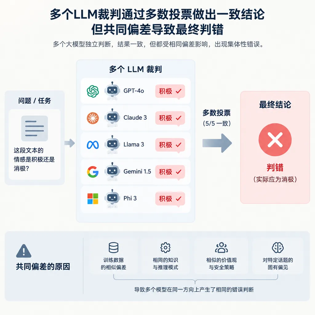 多个LLM裁判通过多数投票做出一致结论,但共同偏差导致最终判错的示意图
