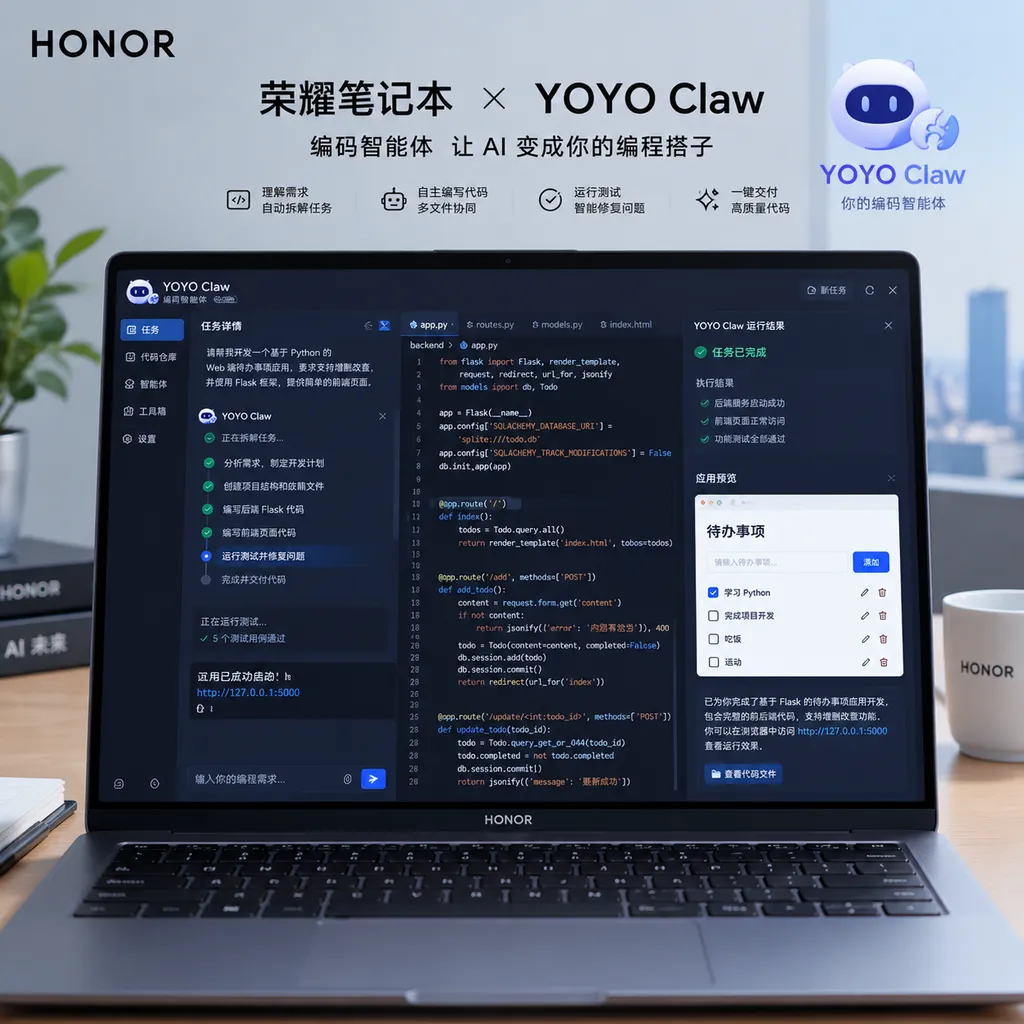 Illustration of the YOYO Claw coding agent interface running on an HONOR laptop