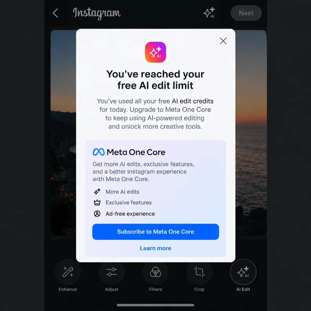 Instagram AI 修图功能出现免费额度用尽与订阅 Meta One Core 提示的产品界面示意图