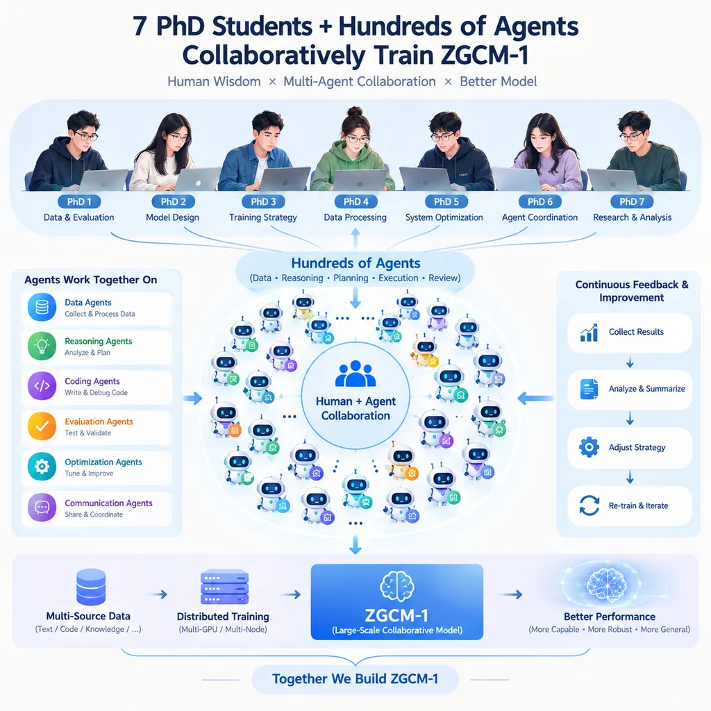 Schematic of seven PhD students collaborating with hundreds of Agents to train ZGCM-1