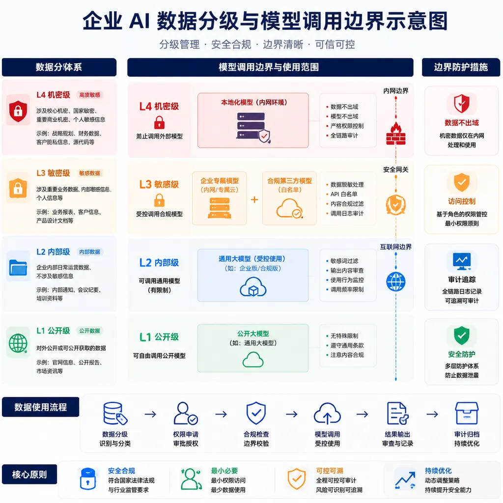企业 AI 数据分级与模型调用边界示意图