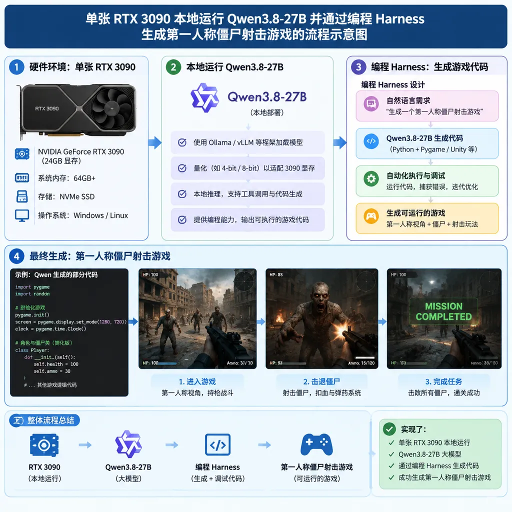 单张RTX 3090本地运行Qwen3.8-27B并通过编程Harness生成第一人称僵尸射击游戏的流程示意图