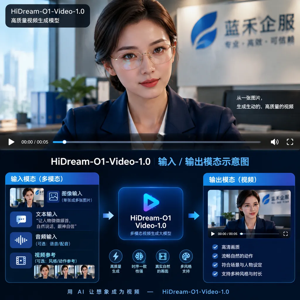 Diagram of the video generation results and input/output modalities of HiDream-O1-Video-1.0