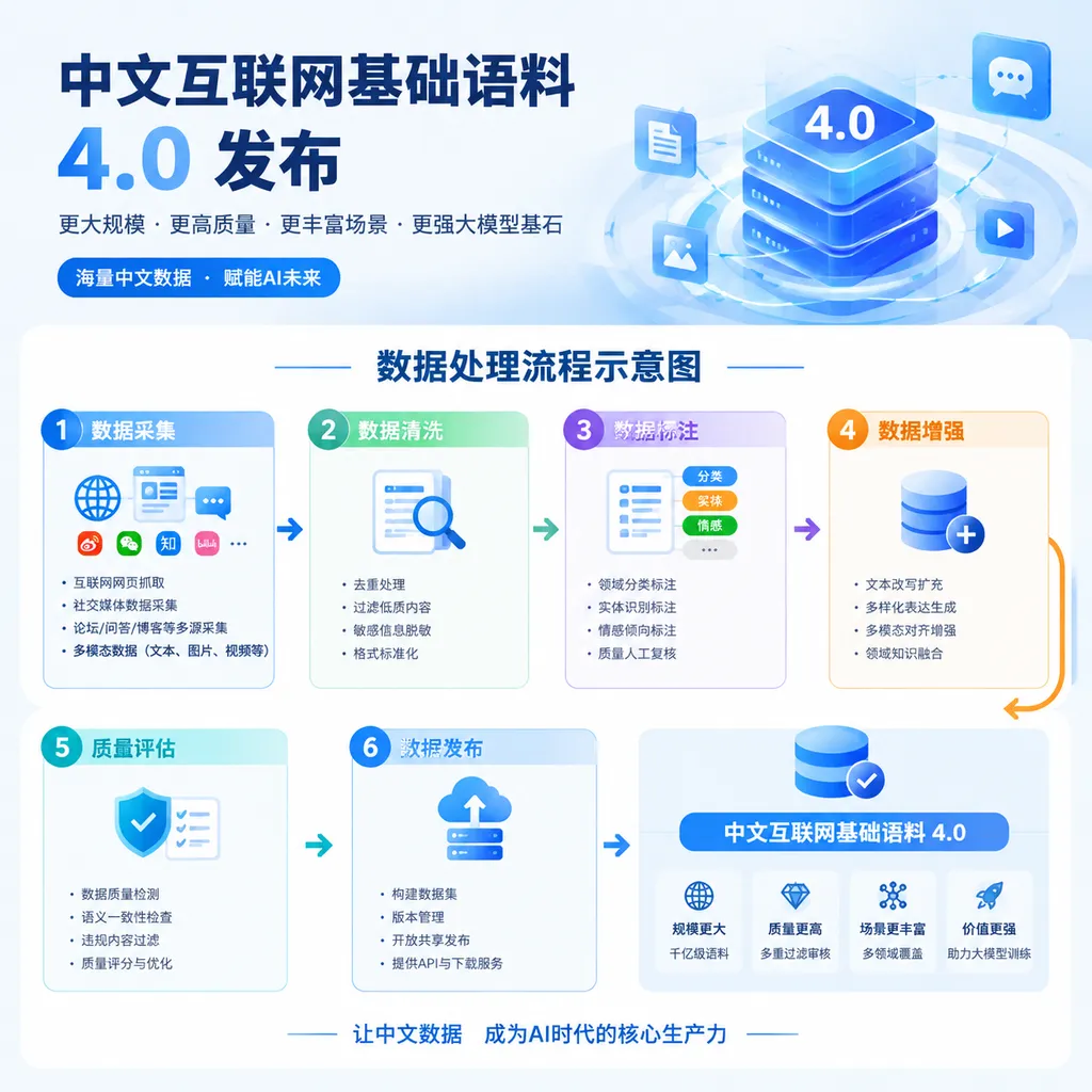中文互联网基础语料 4.0 发布与数据处理流程示意图