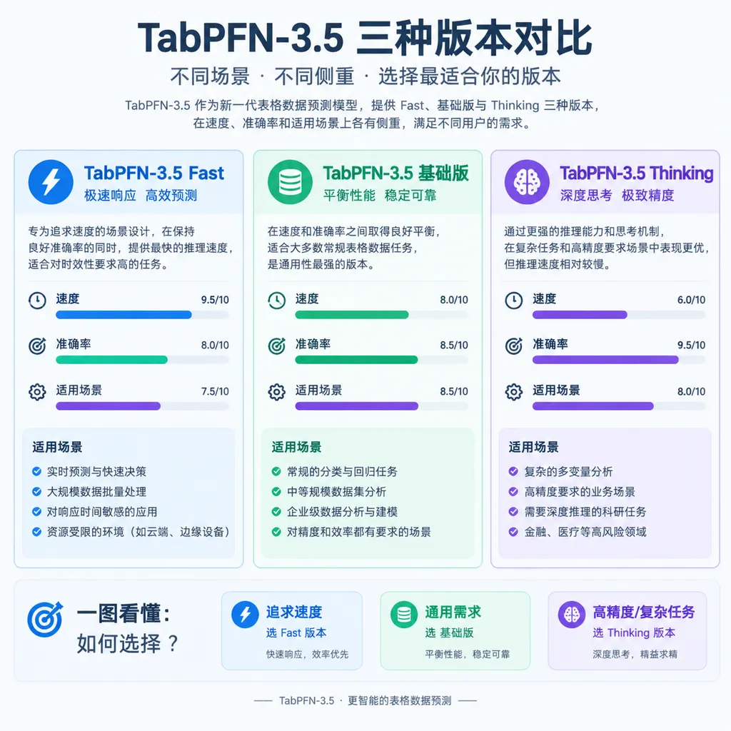 TabPFN-3.5 Fast、基础版与 Thinking 版本在速度、准确率和适用场景上的对比示意图