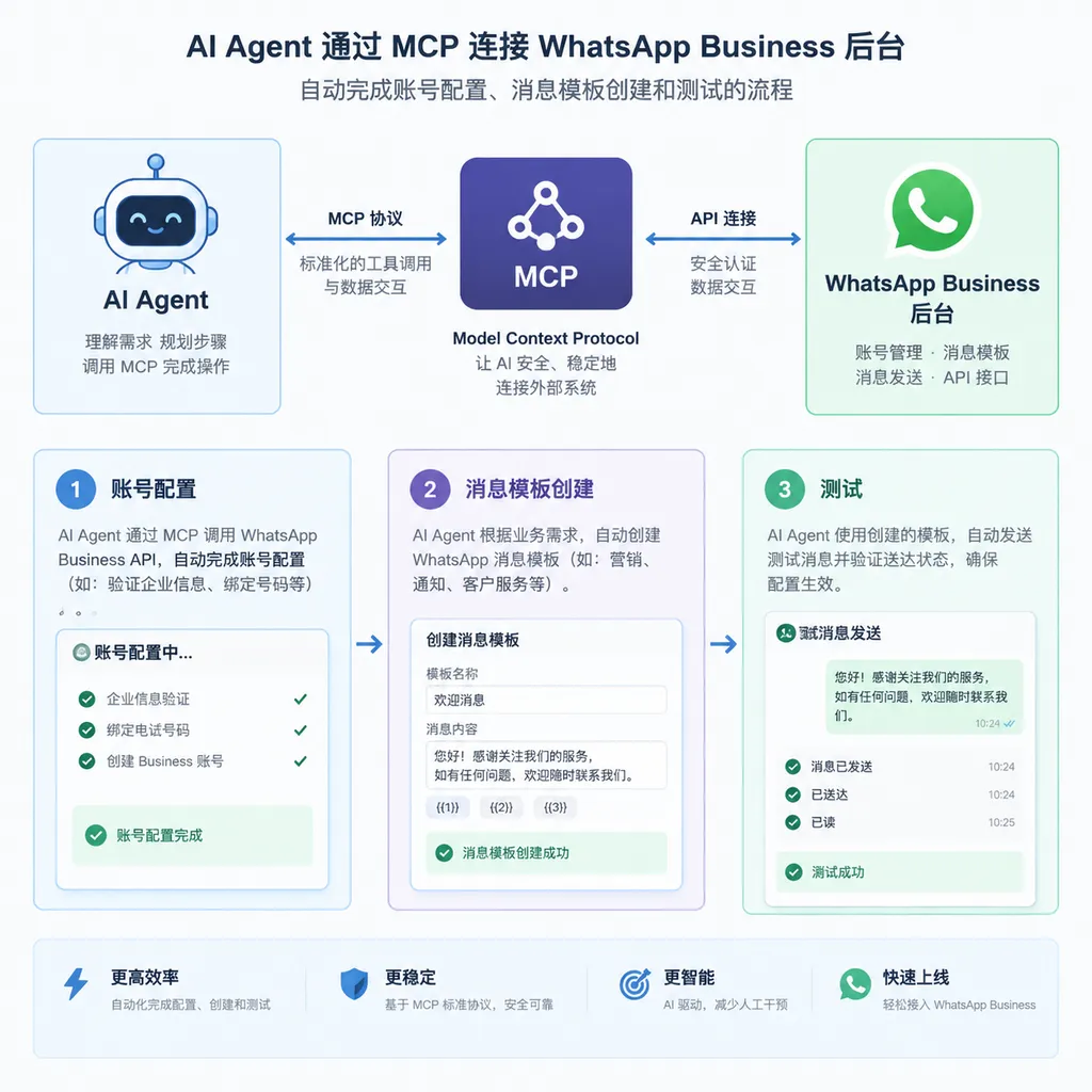 AI Agent通过MCP连接WhatsApp Business后台,自动完成账号配置、消息模板创建和测试的流程示意图