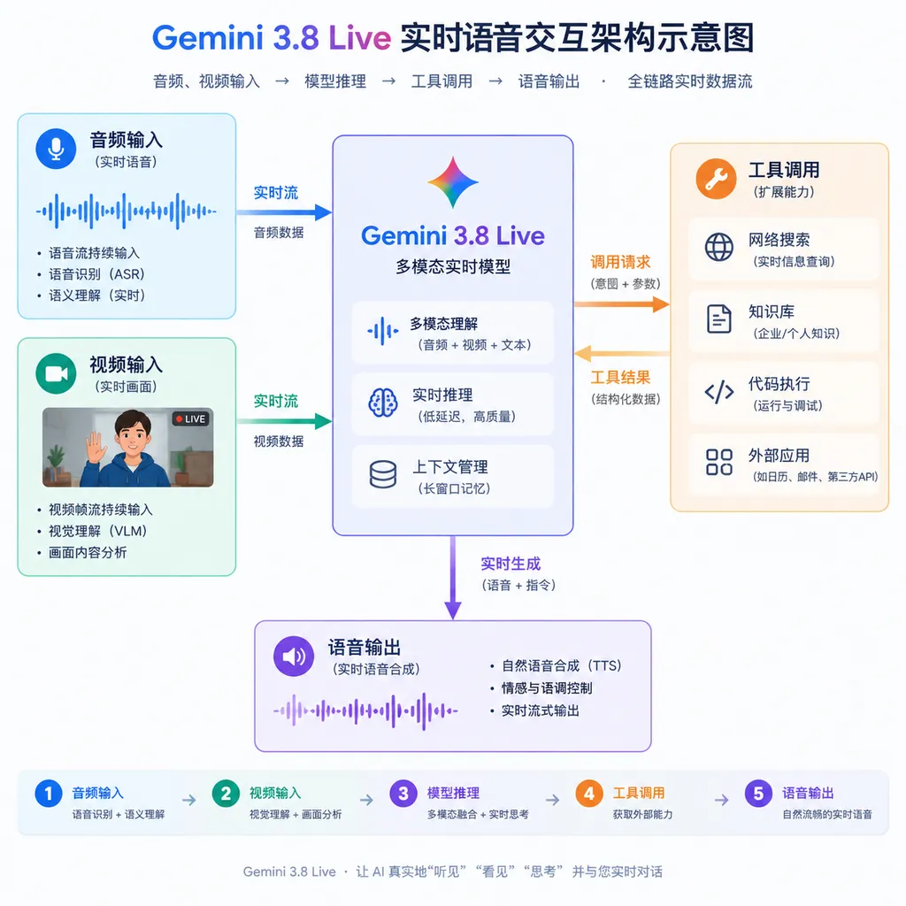 Gemini 3.8 Live实时语音交互架构示意图,展示音频、视频输入、模型推理、工具调用与语音输出之间的实时数据流