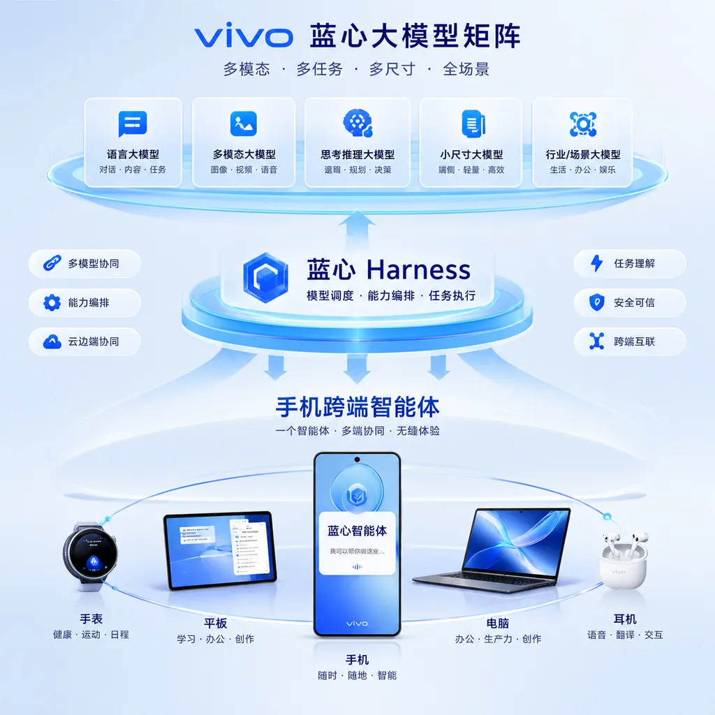 Illustration of vivo’s BlueLM model lineup, BlueLM Harness, and cross-device smartphone agent