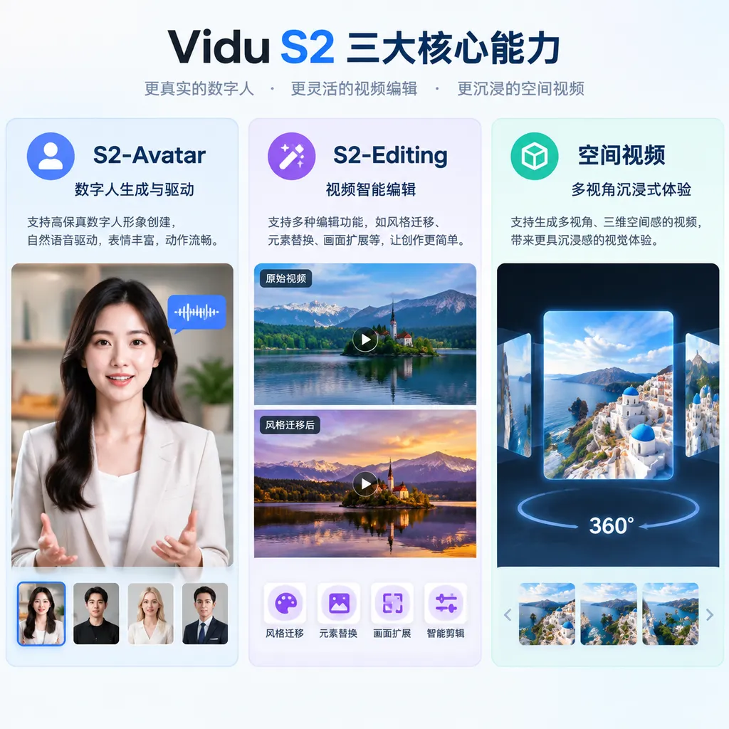 Vidu S2-Avatar、S2-Editing与空间视频三项能力示意图