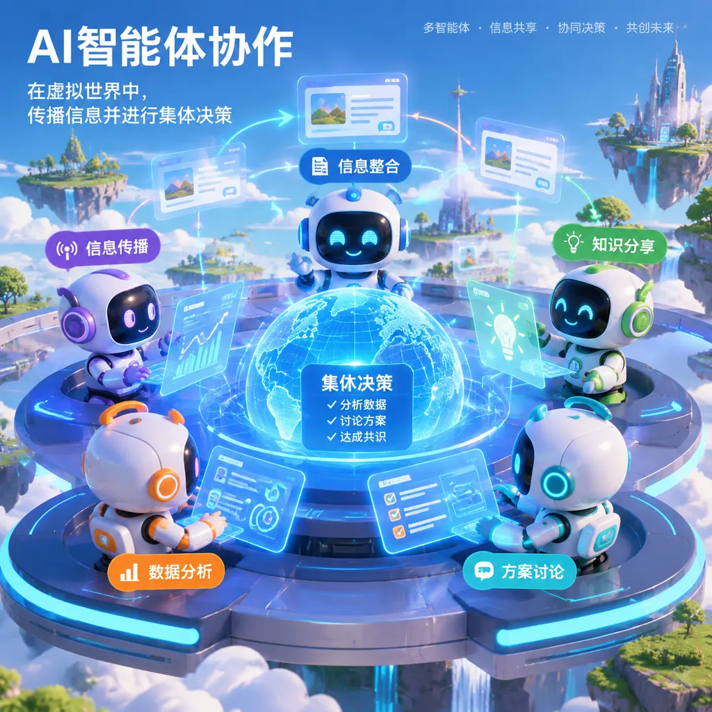 多个AI智能体在虚拟世界中协作、传播信息并进行集体决策的概念示意图