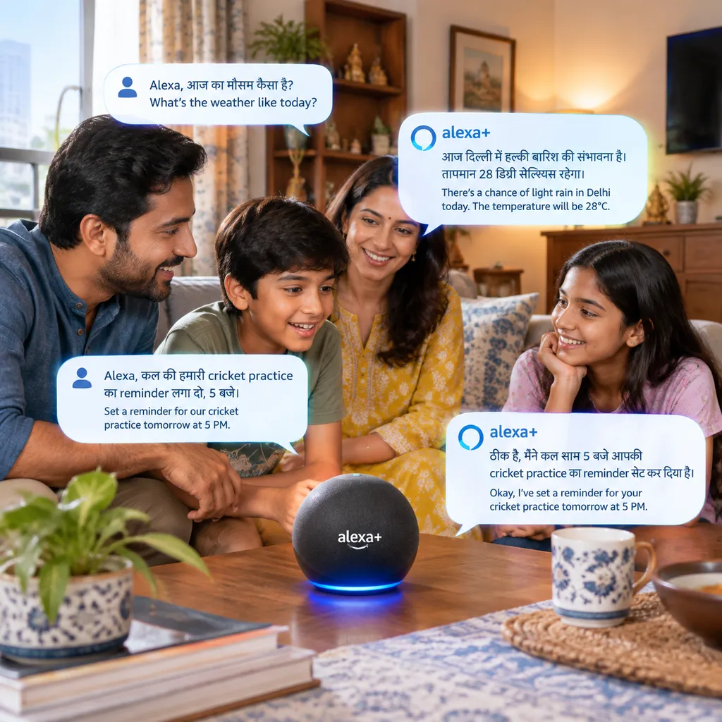 印度家庭使用搭载 Alexa+ 的智能音箱进行印地语与英语混合对话