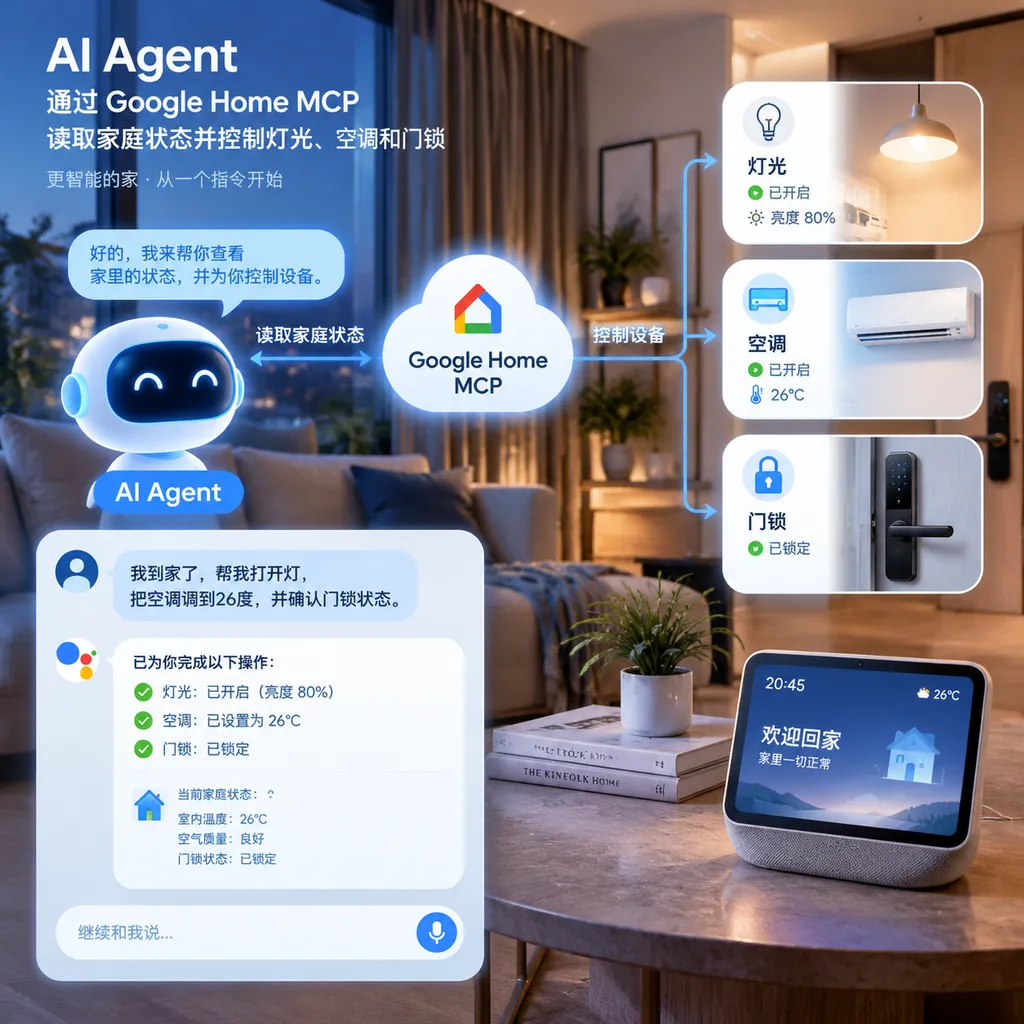 AI Agent 通过 Google Home MCP 读取家庭状态并控制灯光、空调和门锁的示意图