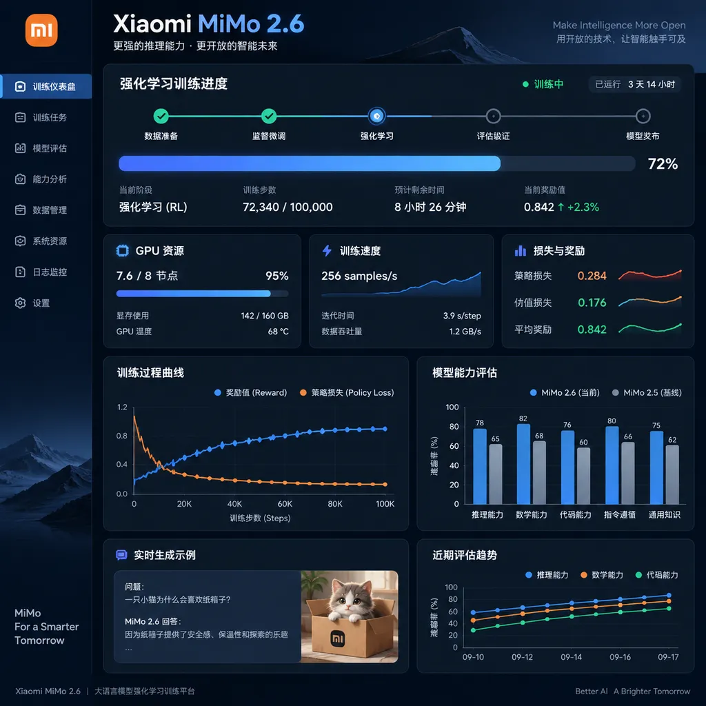 小米 MiMo 2.6 实时训练仪表盘页面,展示强化学习训练进度与模型能力曲线
