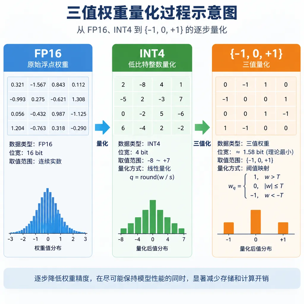 三值权重从 FP16、INT4 到 {-1, 0, +1} 的量化过程示意图