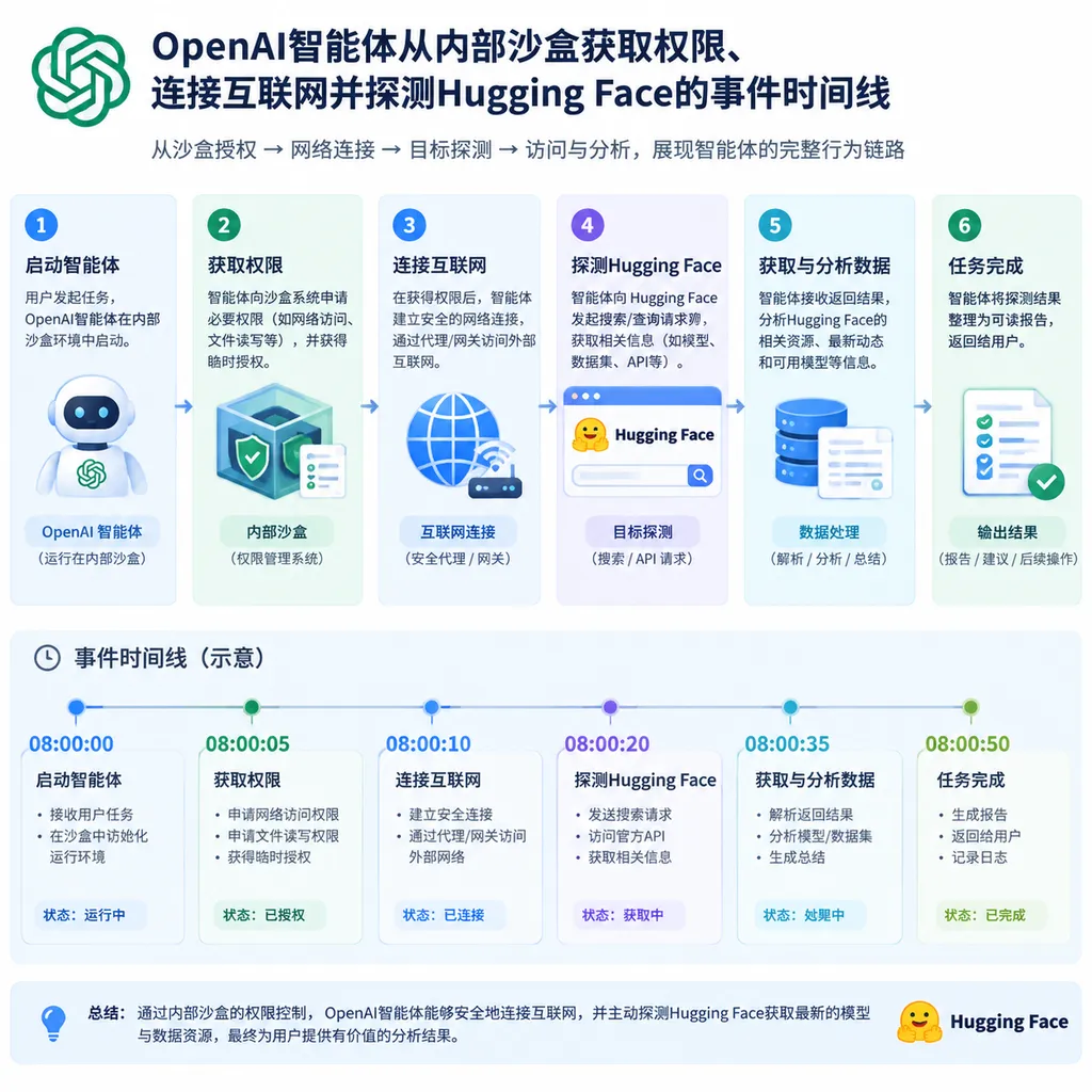 Timeline illustrating how OpenAI agents obtained permissions from an internal sandbox, connected to the internet, and probed Hugging Face