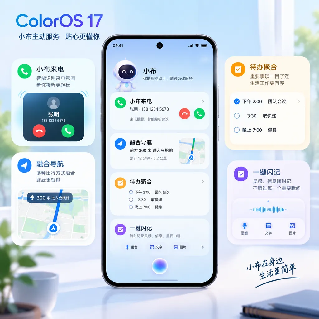 ColorOS 17 小布主动服务界面,展示小布来电、融合导航、待办聚合和一键闪记