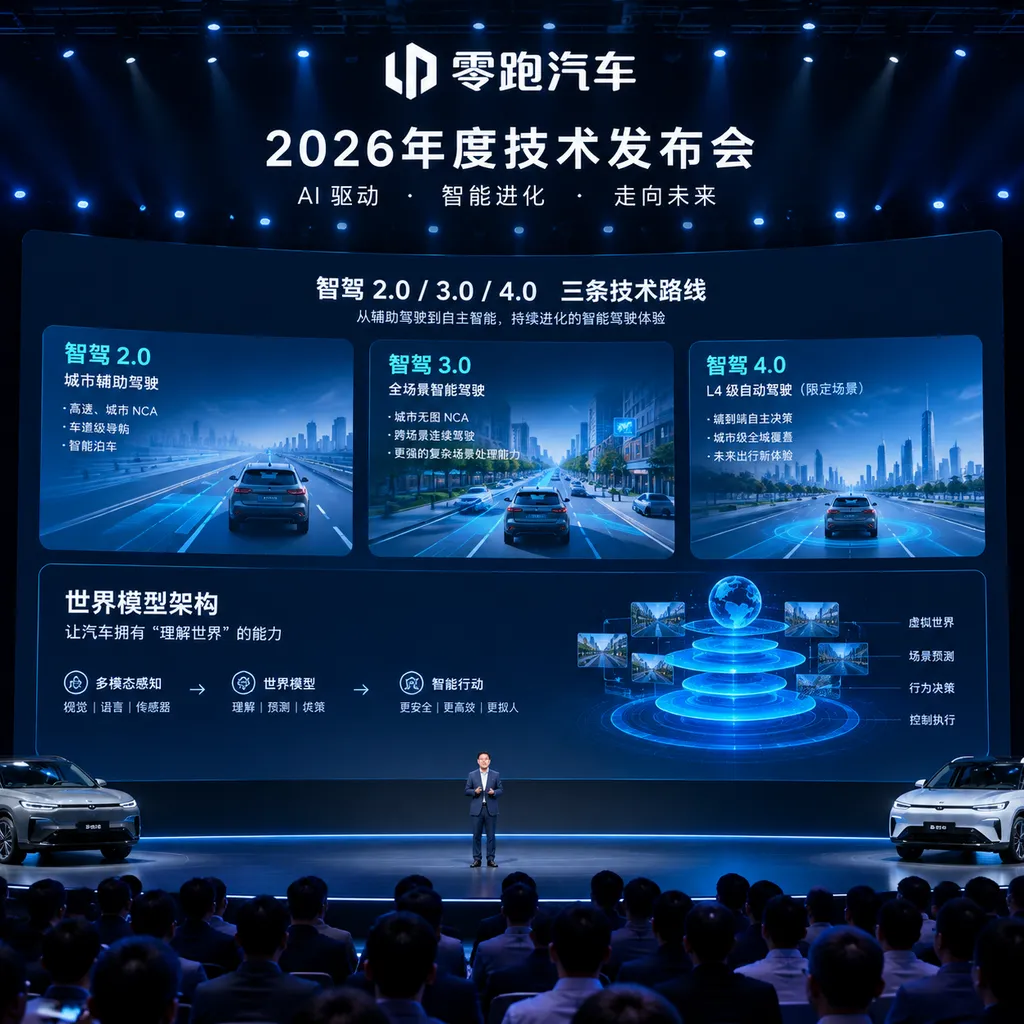 零跑2026年度技术发布会现场,展示智驾2.0、3.0与4.0三条技术路线及世界模型架构
