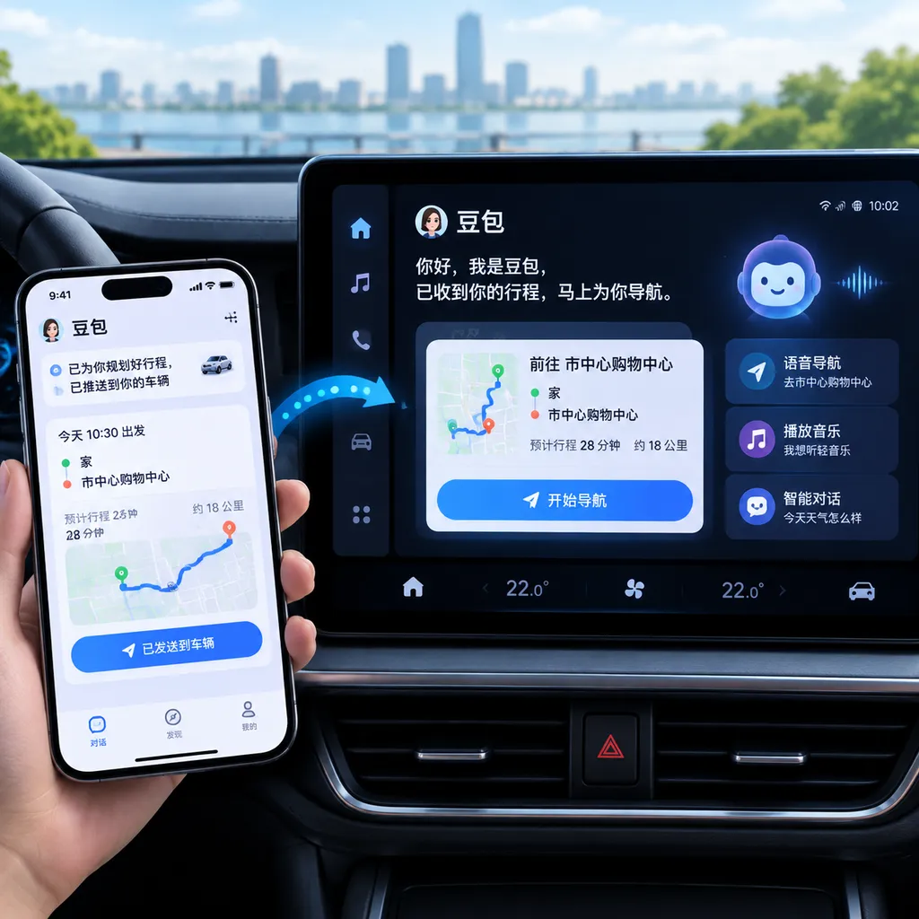 豆包座舱助手在车机屏幕中的交互界面,以及手机豆包 App 向车辆推送行程的示意图
