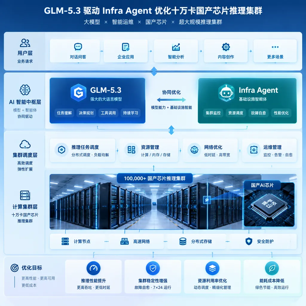 GLM-5.3驱动Infra Agent优化十万卡国产芯片推理集群的技术架构示意图