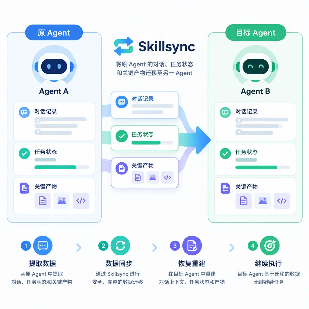 Skillsync 将原 Agent 的对话、任务状态和关键产物迁移至另一 Agent 的流程示意图