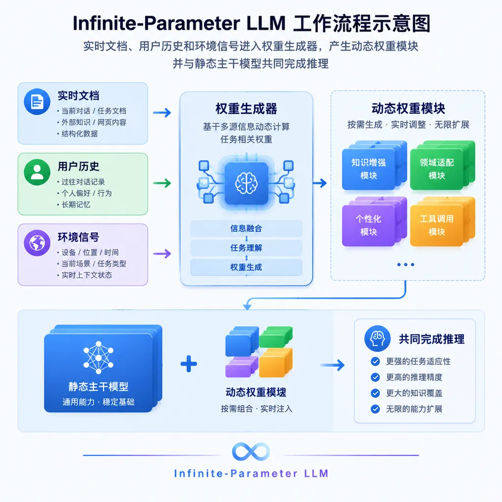 Infinite-Parameter LLM 工作流程示意图,实时文档、用户历史和环境信号进入权重生成器,产生动态权重模块并与静态主干模型共同完成推理