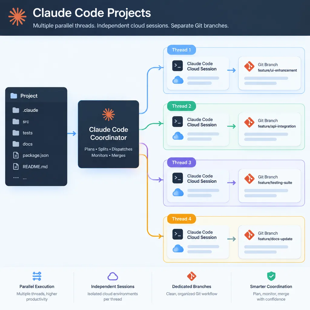 Claude Code Projects 界面示意图,中央协调器连接多个并行线程,每个线程对应独立云端会话和 Git 分支