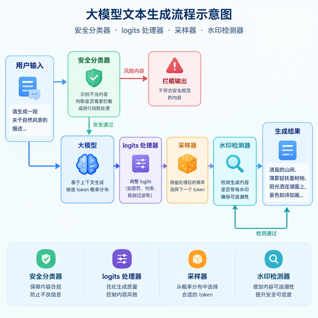 大模型文本生成流程示意图,展示安全分类器、logits处理器、采样器与水印检测器之间的关系
