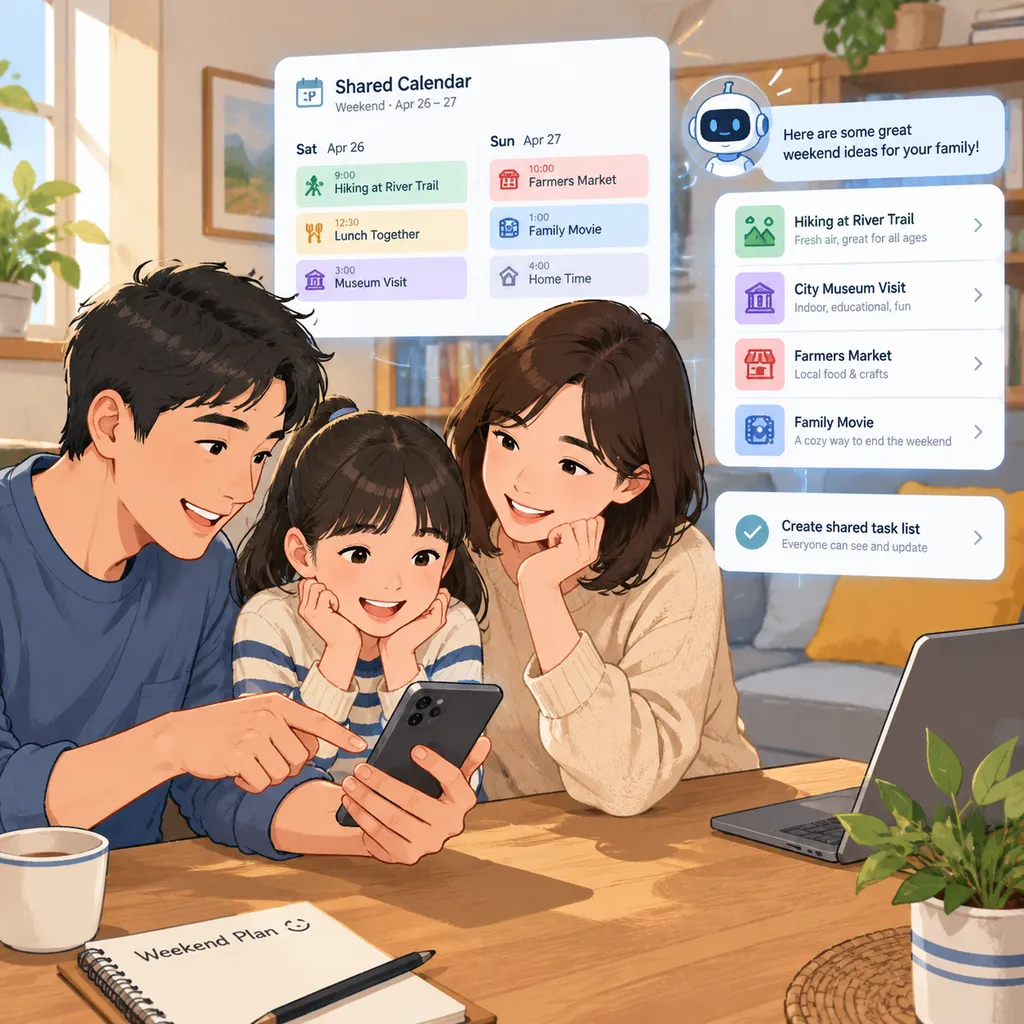 一家人围绕家庭日程和手机屏幕共同规划周末活动,AI智能体以共享日历和任务卡片的形式提供建议