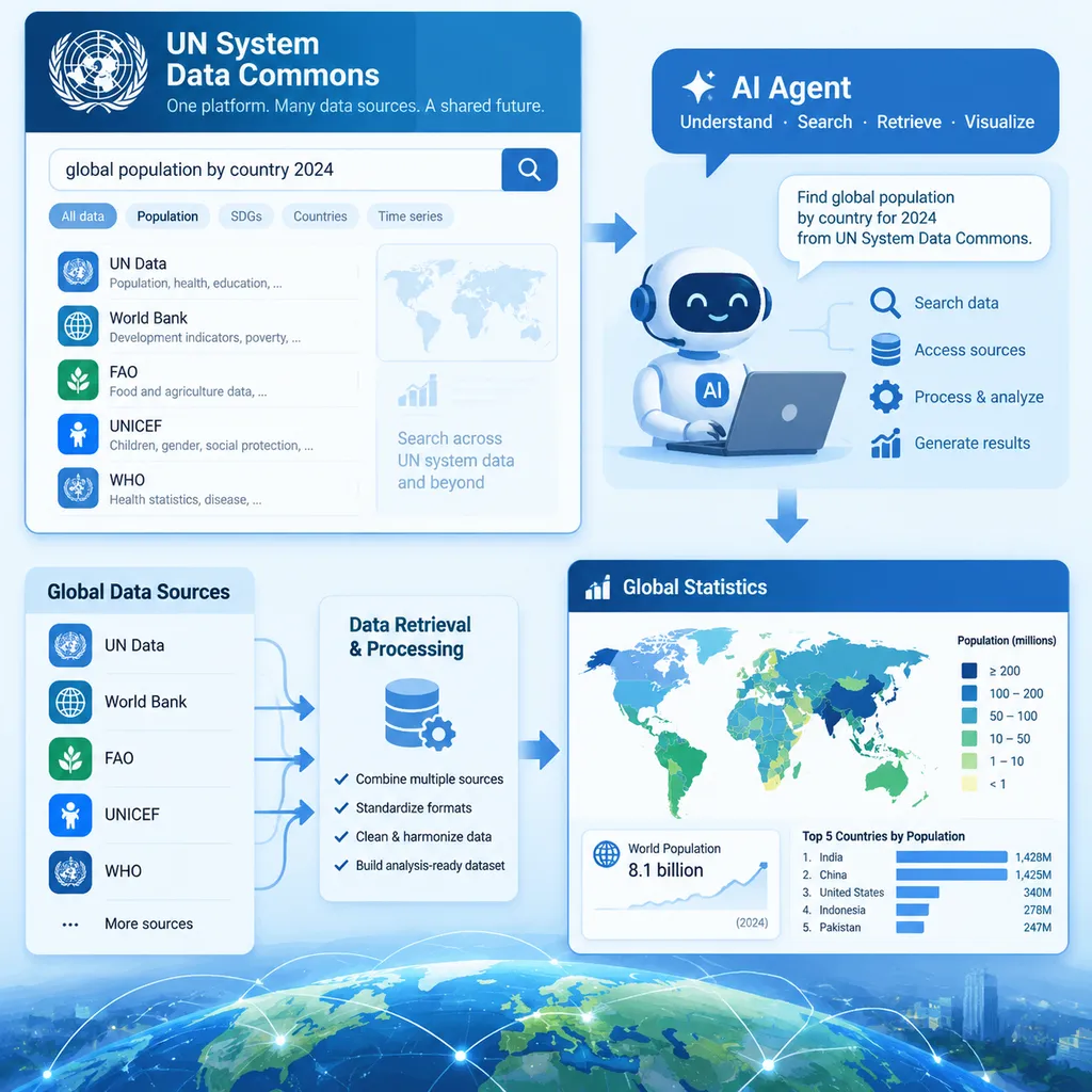 UN System Data Commons 搜索界面与 AI Agent 调取全球统计数据的流程示意图