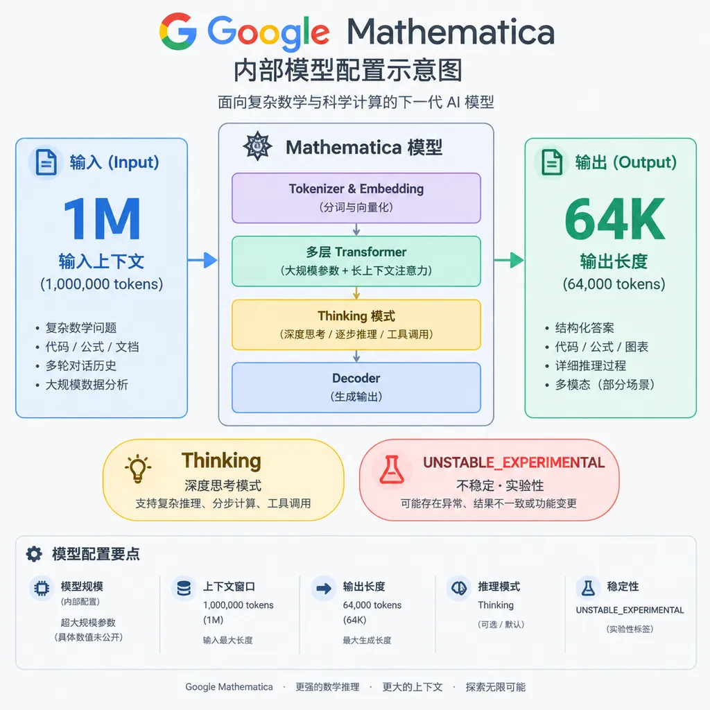 Illustration of Google’s internal Mathematica model configuration, highlighting 1M input context, 64K output, and the Thinking and UNSTABLE_EXPERIMENTAL tags