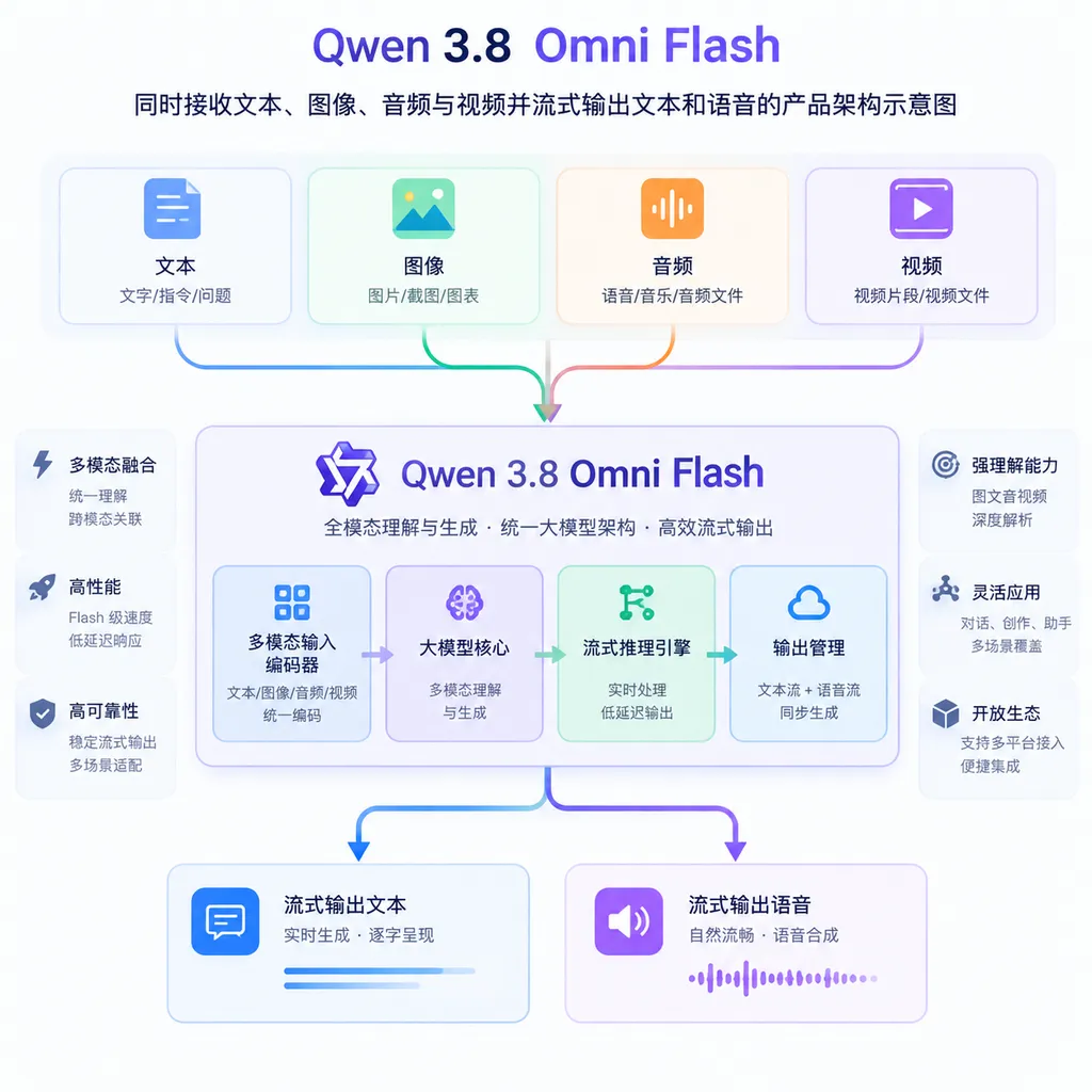 Qwen 3.8 Omni Flash 同时接收文本、图像、音频与视频并流式输出文本和语音的产品架构示意图