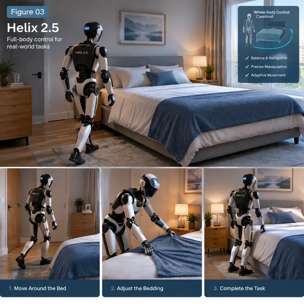 A Figure 03 humanoid robot moves around a bed and makes it in an unfamiliar bedroom, demonstrating Helix 2.5’s whole-body control capabilities