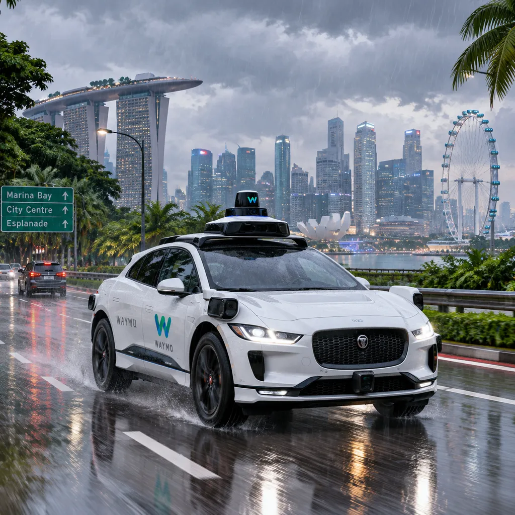 Waymo捷豹I-PACE Robotaxi行驶在新加坡城市道路,背景包含热带暴雨、左侧通行道路与现代城市天际线
