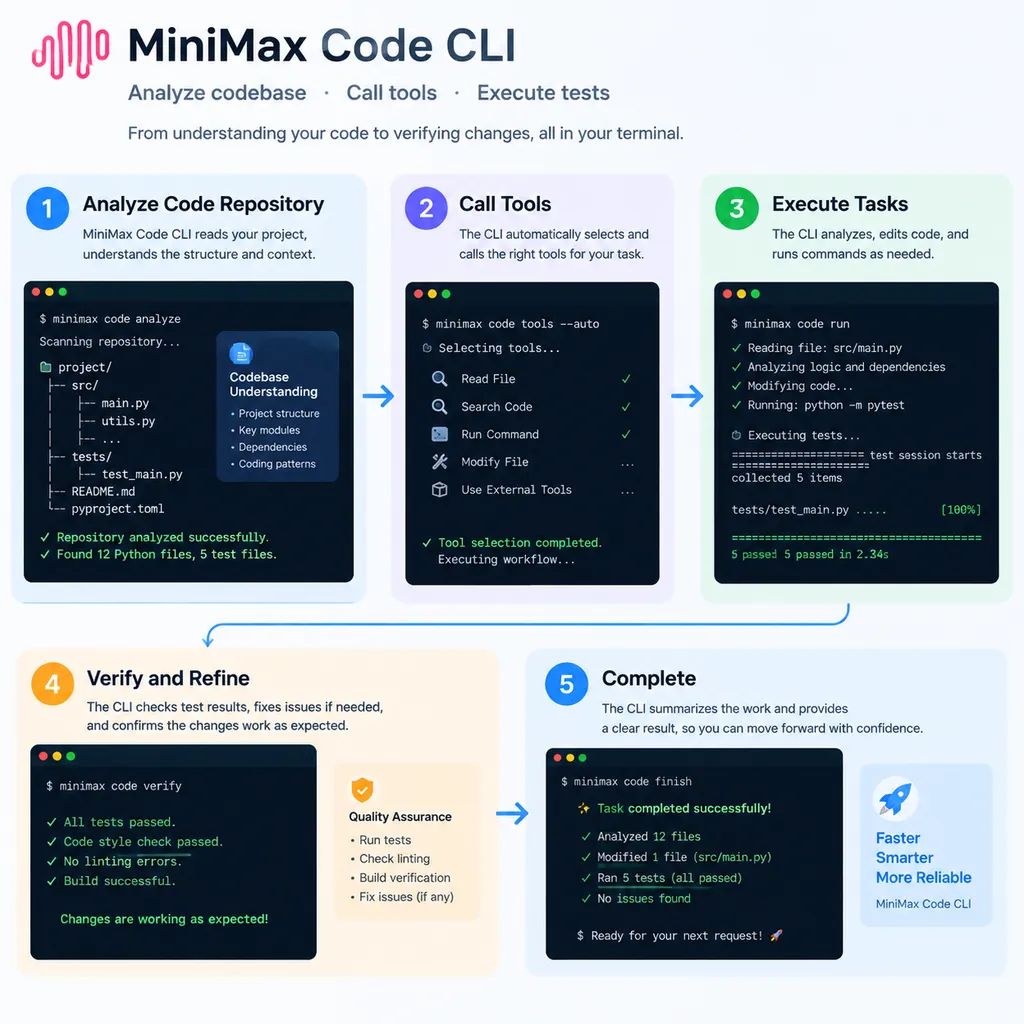 Diagram showing MiniMax Code CLI analyzing a code repository, invoking tools, and running tests in the terminal