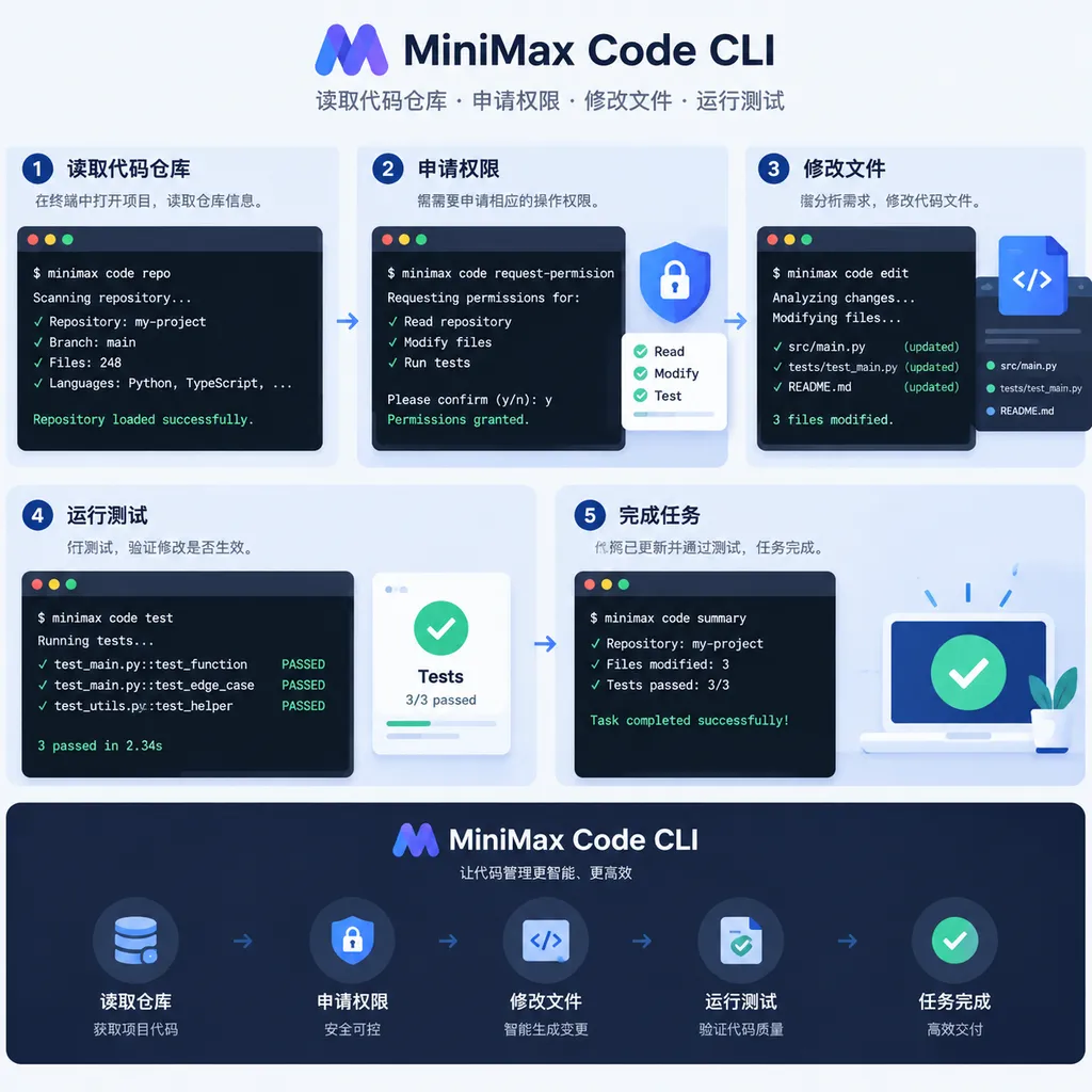 MiniMax Code CLI 在终端中读取代码仓库、申请权限、修改文件并运行测试的工作流程示意图