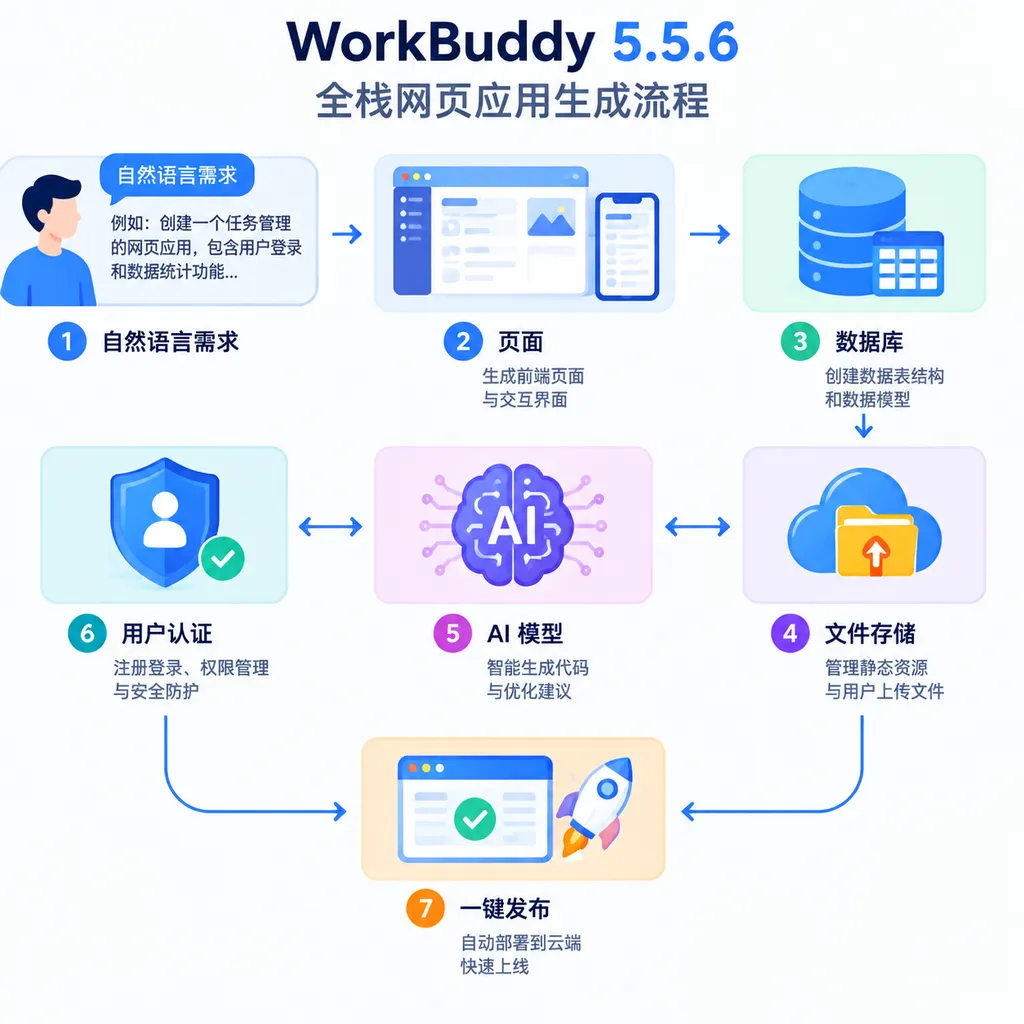 WorkBuddy 5.5.6 full-stack web application generation workflow, showing natural-language requirements connecting in sequence to the interface, database, file storage, user authentication, AI model, and one-click publishing