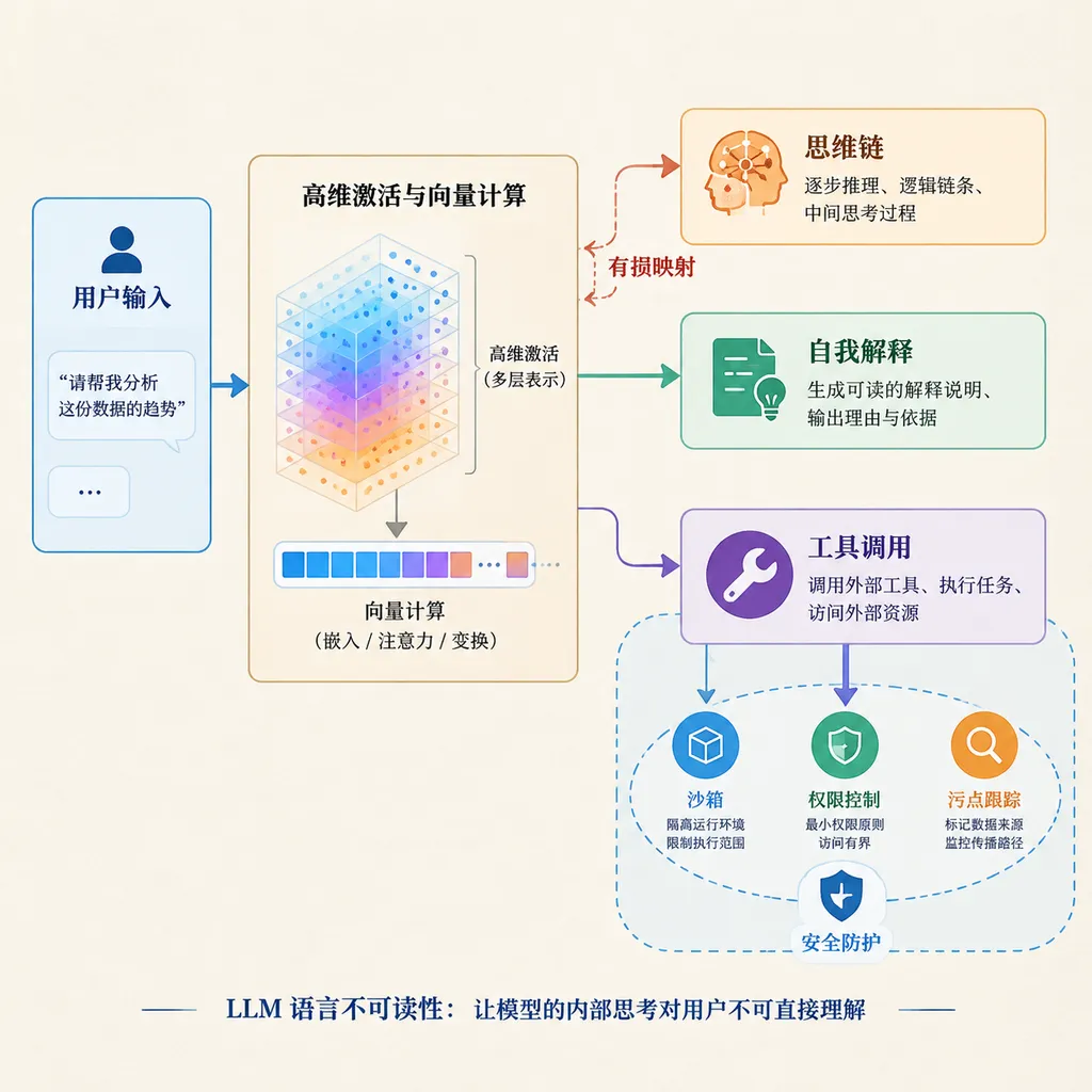 一张展示LLM语言不可读性的安全架构图,左侧为用户输入,中间为高维激活与向量计算,右侧分成思维链、自我解释和工具调用三条路径;思维链与内部计算之间标注“有损映射”,工具调用外侧由沙箱、权限控制和污点跟踪包围