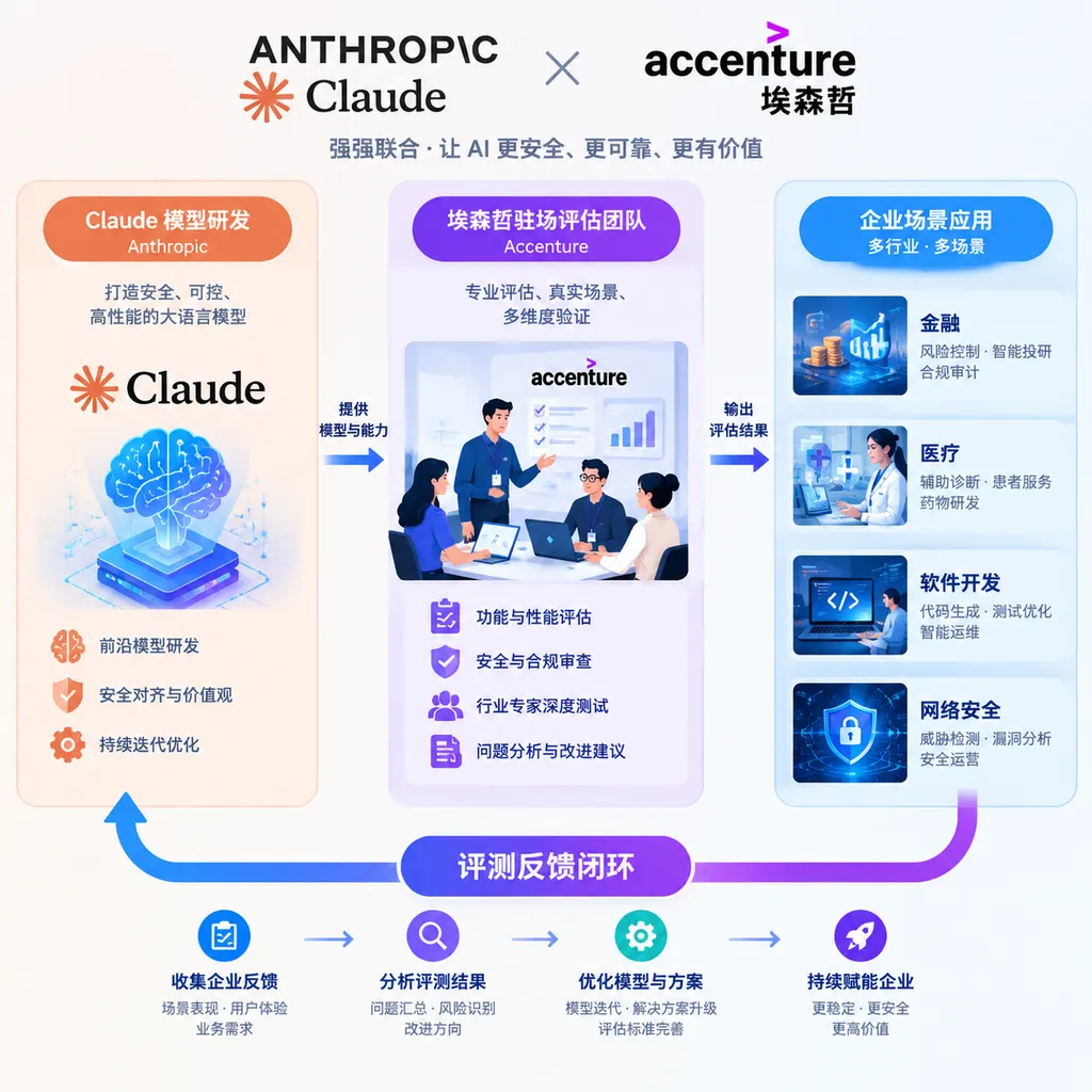 Anthropic与埃森哲合作关系示意图,左侧为Claude模型研发,中间为埃森哲驻场评估团队,右侧为金融、医疗、软件开发和网络安全等企业场景,突出评测反馈闭环