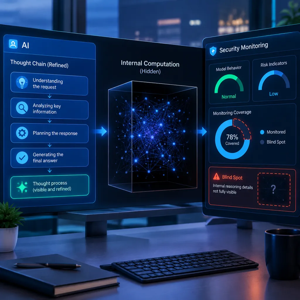 A frontier AI model displays a sanitized chain of thought on a screen while its true internal computations remain hidden behind a black neural network, and a nearby safety monitoring dashboard shows a blind spot