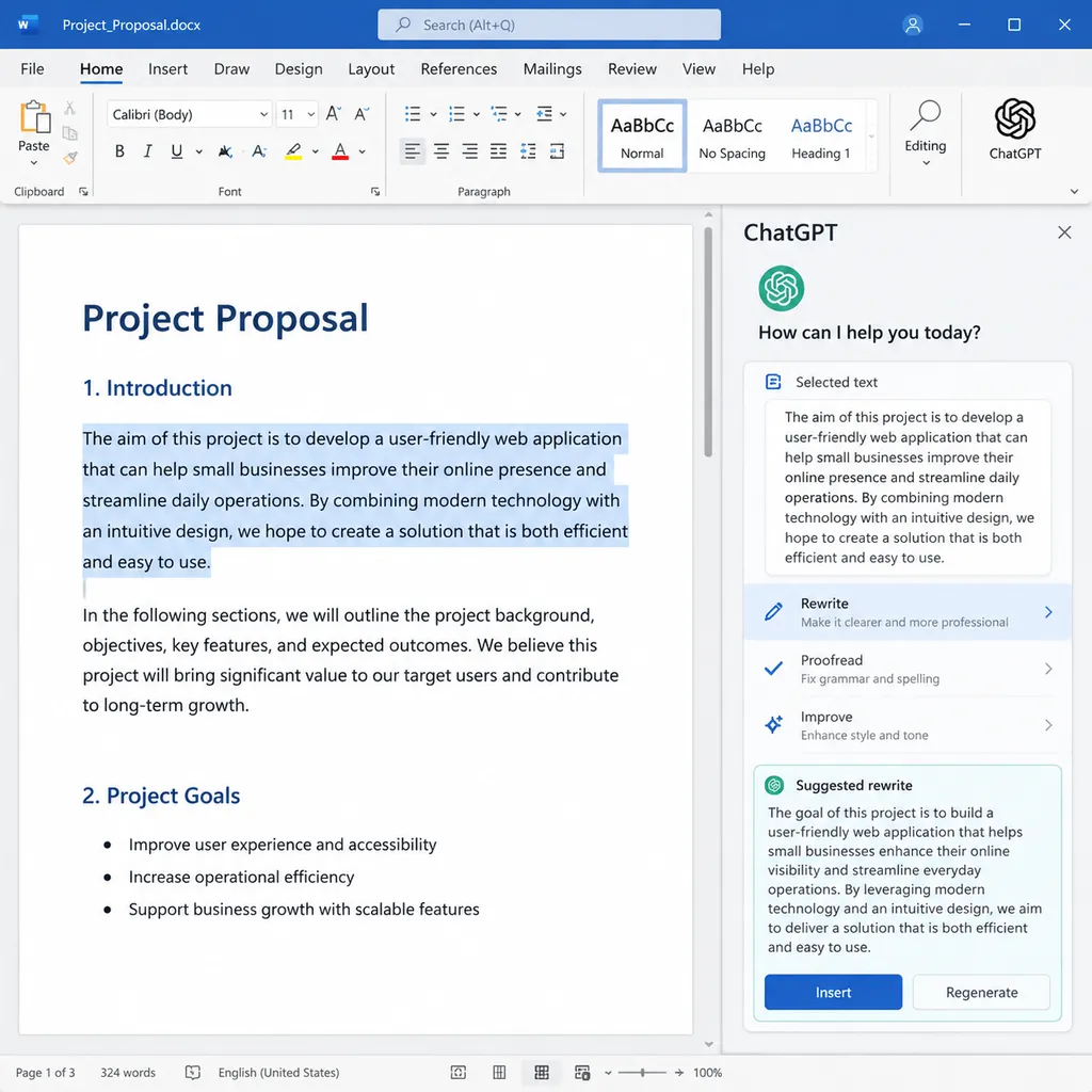 Microsoft Word 文档界面右侧打开 ChatGPT 侧边栏,用户选中一段文字并要求改写和校对