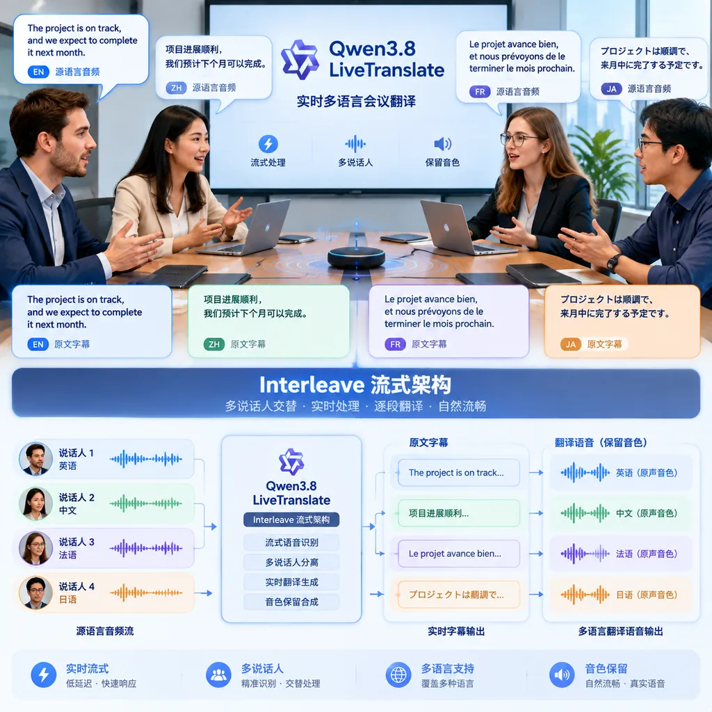 Diagram of Qwen3.8-LiveTranslate processing a multi-party meeting in real time, showing multiple speakers, source-language audio, source-text subtitles, translated subtitles, and translated speech that preserves speaker voice characteristics, highlighting the Interleave streaming architecture