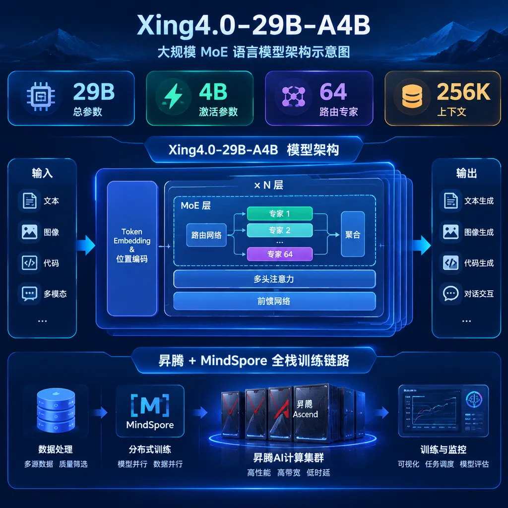 Xing4.0-29B-A4B架构示意图,展示29B总参数、4B激活参数、64个路由专家、256K上下文,以及昇腾和MindSpore全栈训练链路