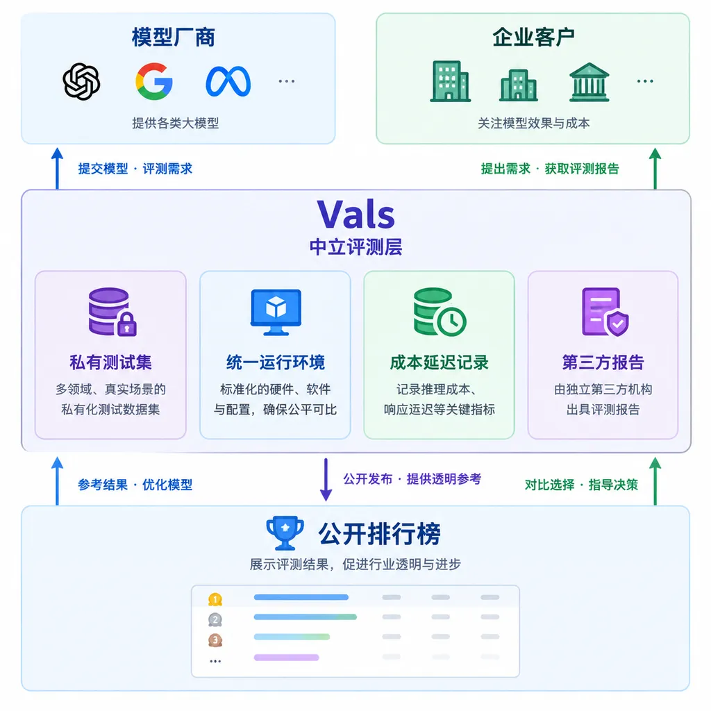 Vals 位于模型厂商、企业客户与公开排行榜之间的“中立评测层”示意图,展示私有测试集、统一运行环境、成本延迟记录和第三方报告四个模块