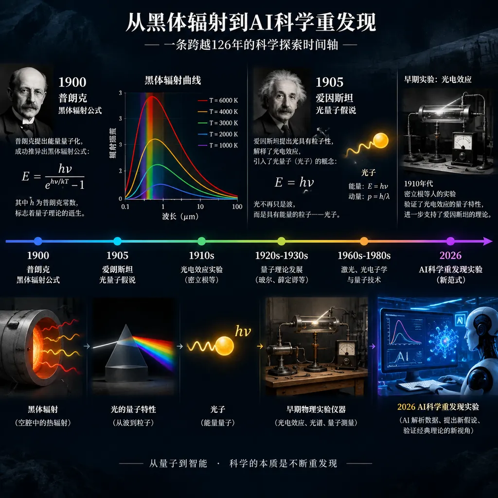 一条从1900年普朗克黑体辐射公式、1905年爱因斯坦光量子假说延伸到2026年AI科学重发现实验的时间轴,背景包含黑体辐射曲线、光子和早期物理实验仪器