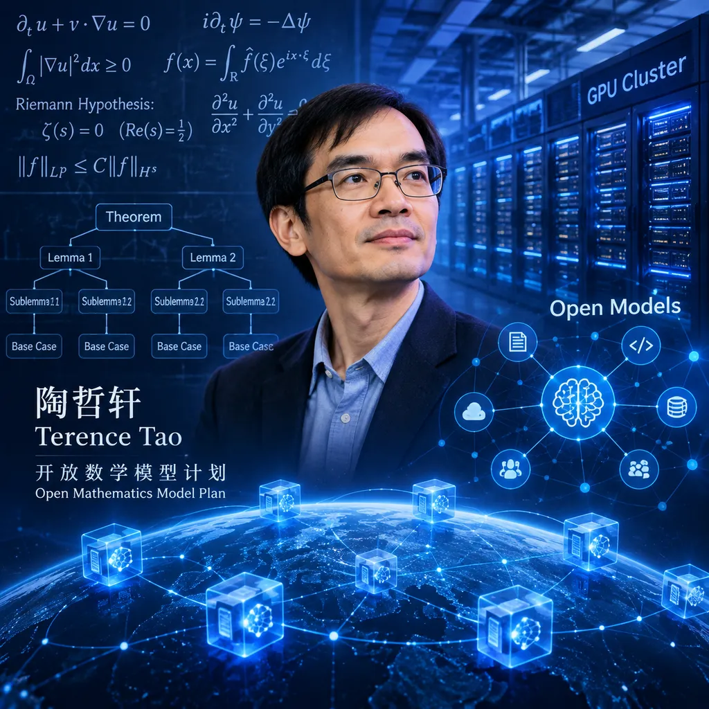 陶哲轩与开放数学模型计划主题视觉,背景由数学公式、定理证明树、GPU 集群和开放模型节点构成