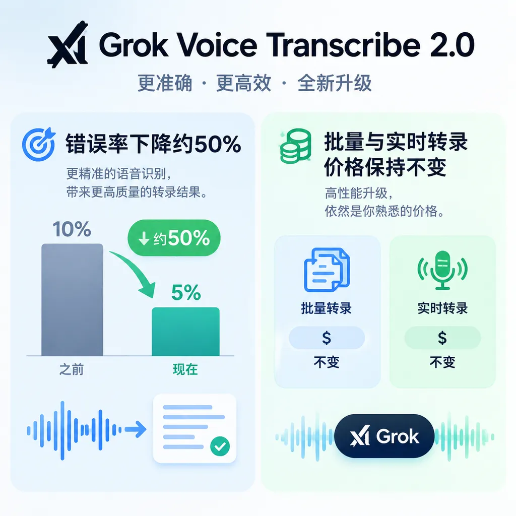 Grok Voice Transcribe 2.0 launch infographic, showing an approximately 50% reduction in error rate on the left and unchanged batch and real-time transcription pricing on the right